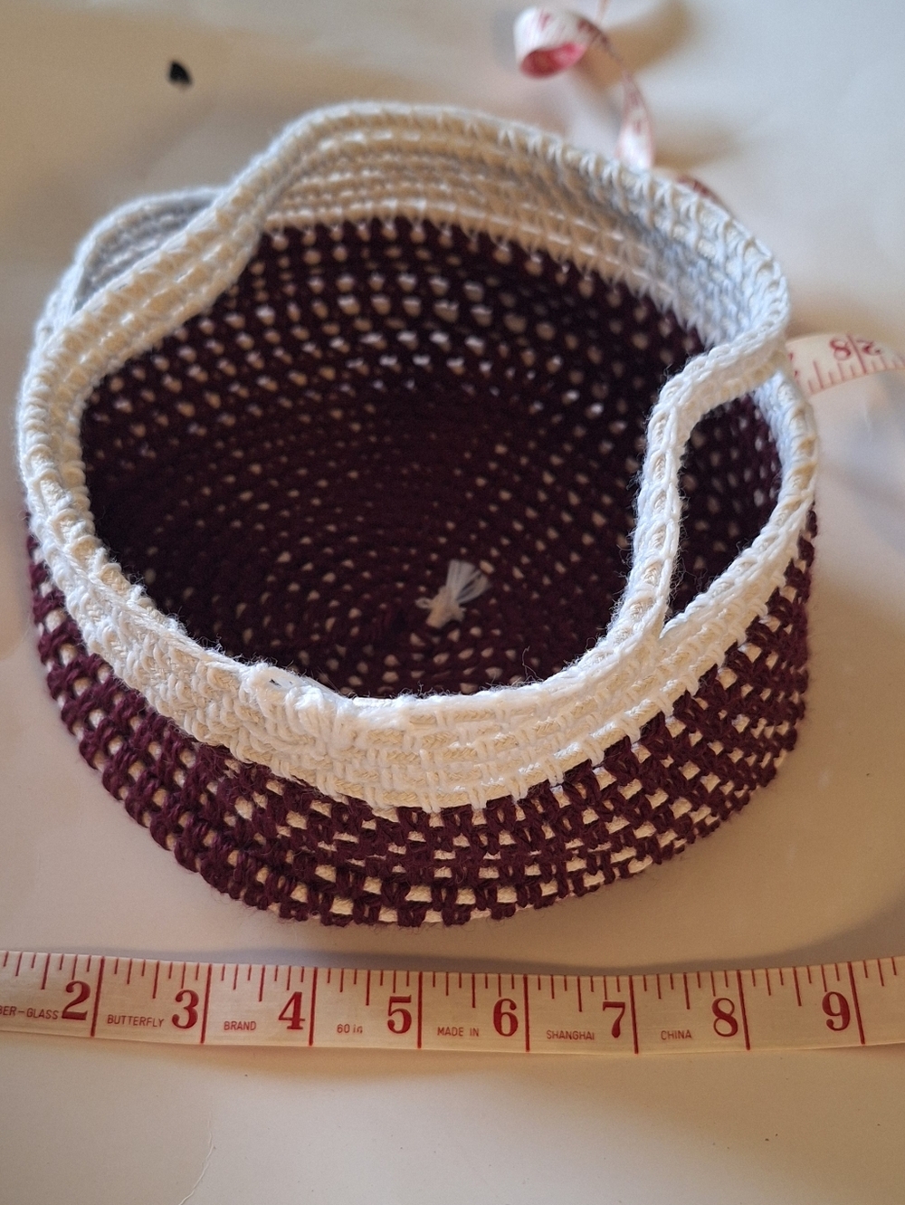 Handmade Crochet Basket in Burgundy and White - 8 Inch